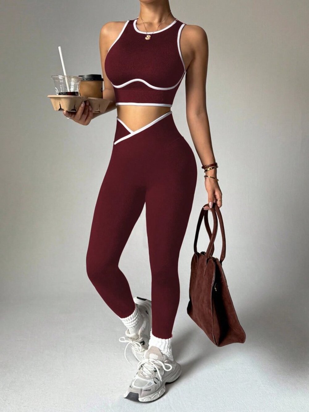 Brown Casual Women's Contrast Trim Hollow Back Camisole & Leggings Sports Suit